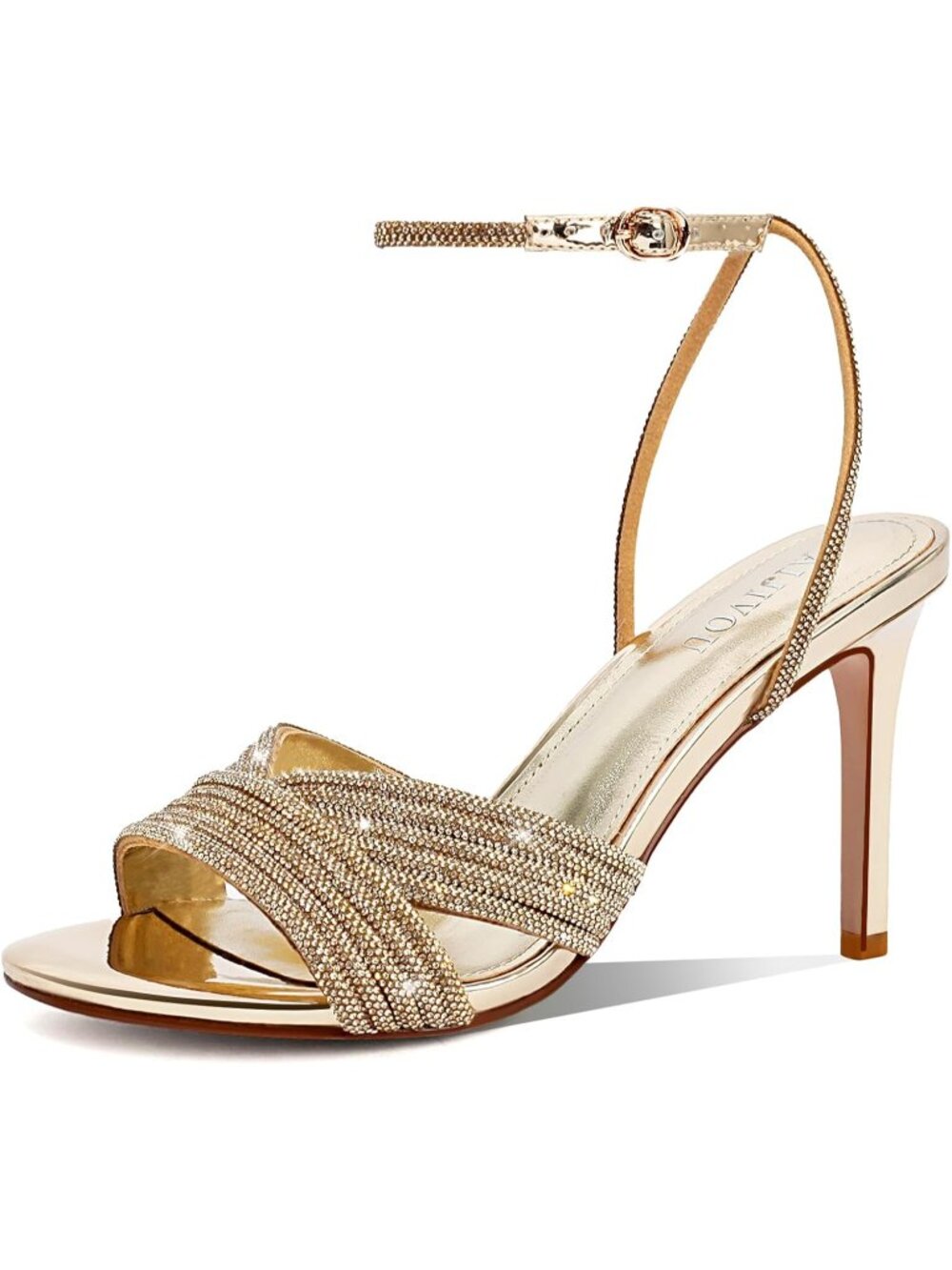 Women's Gold Summer Rhinestone Sparkly Round Open Toe Ankle Strap Heels Sandals